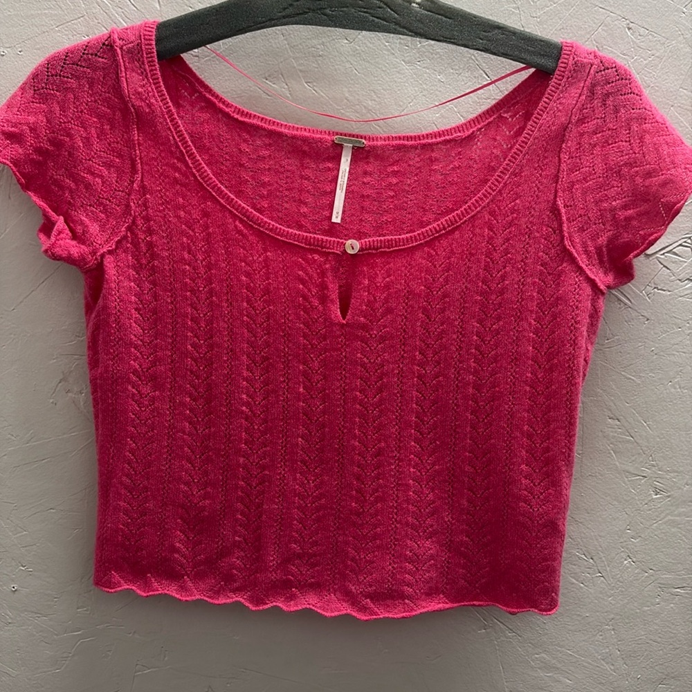 Free People Pink Hera Cashmere Pointelle Short Sleeve Crop Sweater, Medium